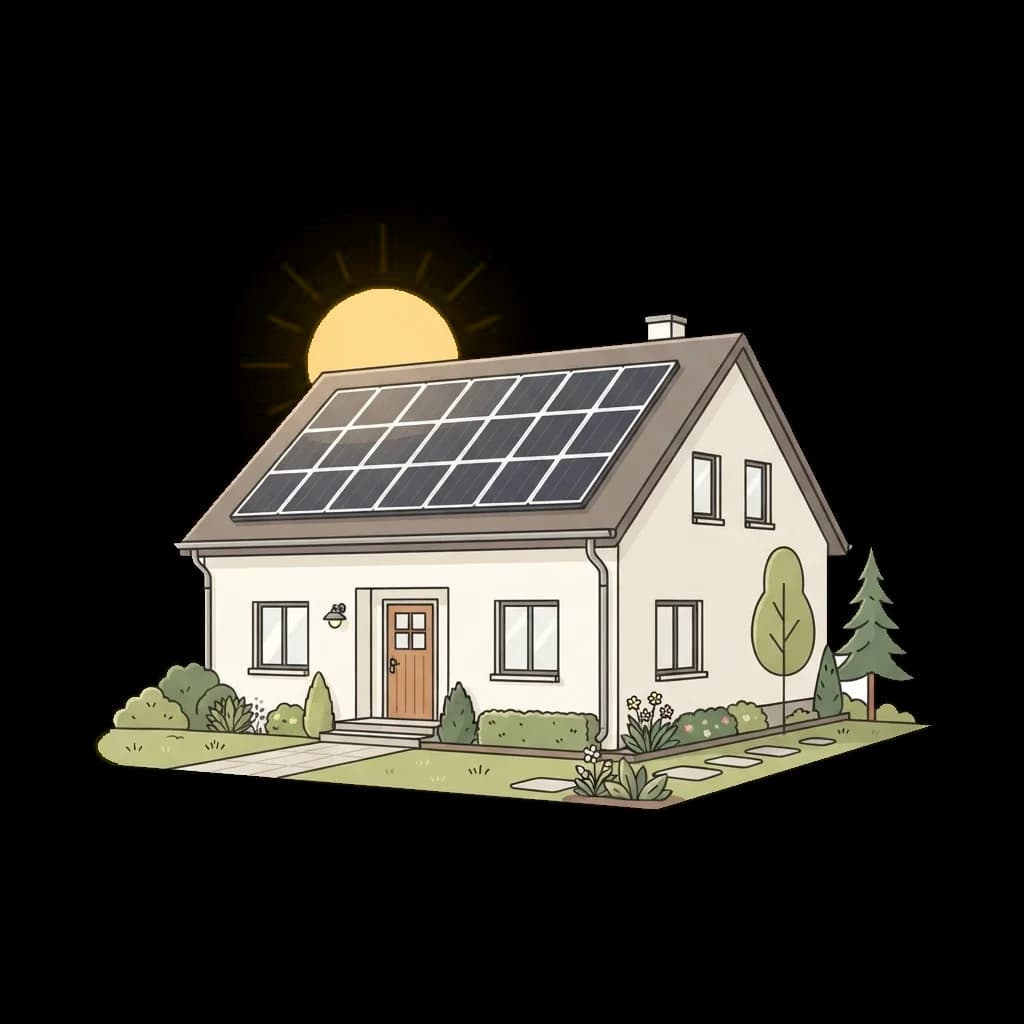 Illustrazione di una casa con pannelli solari sul tetto in una giornata di sole
